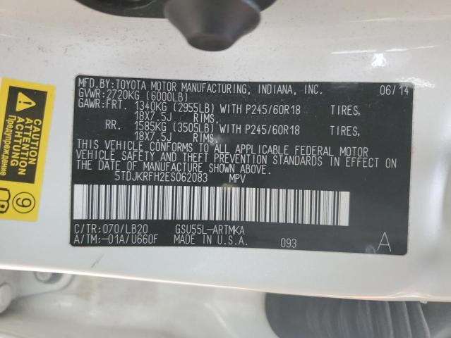 5TDJKRFH2ES062083 - 2014 TOYOTA HIGHLANDER XLE 白色 照片 13