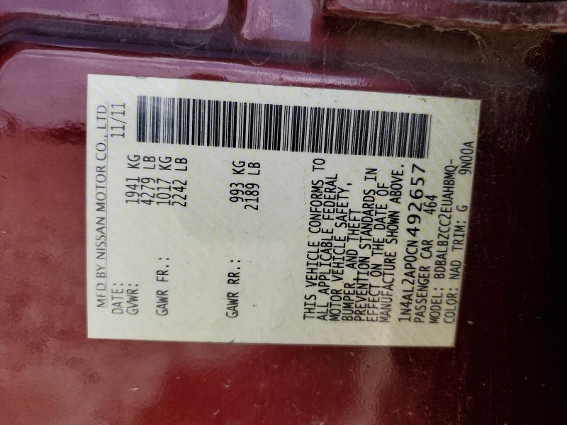 1N4AL2AP0CN492657 - 2012 NISSAN ALTIMA BASE MAROON photo 12