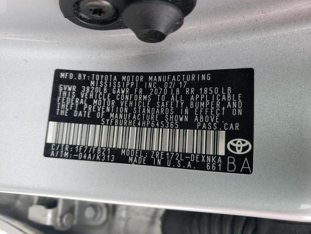 5YFBURHE4HP645365 - 2017 TOYOTA COROLLA L SILVER photo 13