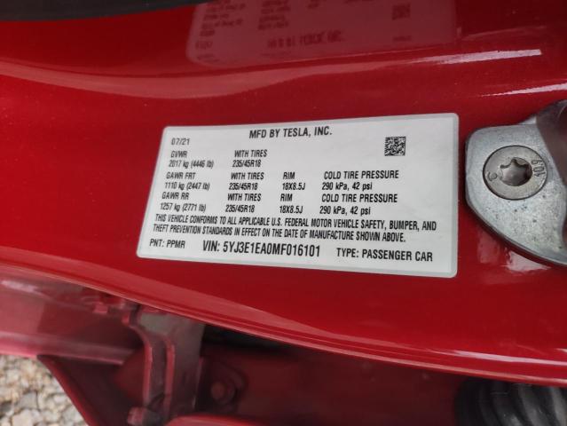 5YJ3E1EA0MF016101 - 2021 TESLA MODEL 3 红色 照片 12