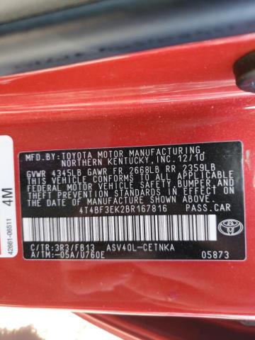 4T4BF3EK2BR167816 - 2011 TOYOTA CAMRY BASE RED photo 12