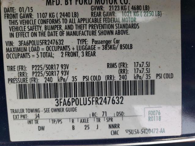 3FA6P0LU5FR247632 - 2015 FORD FUSION SE HYBRID BLUE photo 12