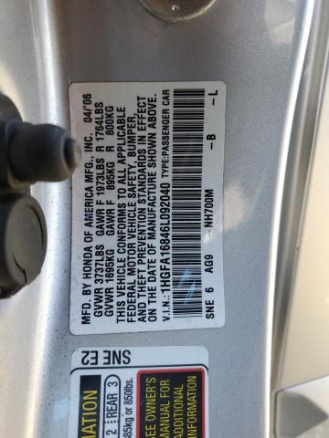 1HGFA16846L092040 - 2006 HONDA CIVIC EX 银色 照片 12