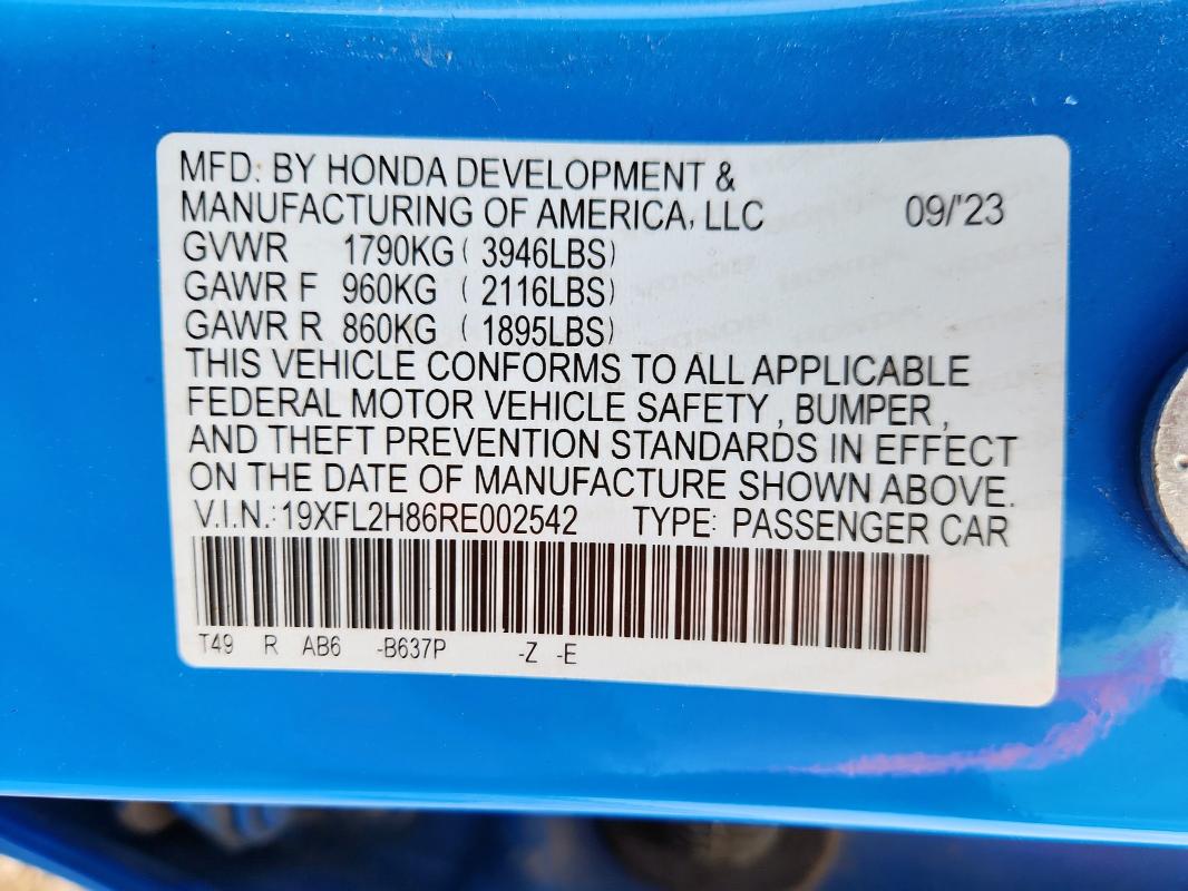 19XFL2H86RE002542 - 2024 HONDA CIVIC SPORT BLUE photo 12