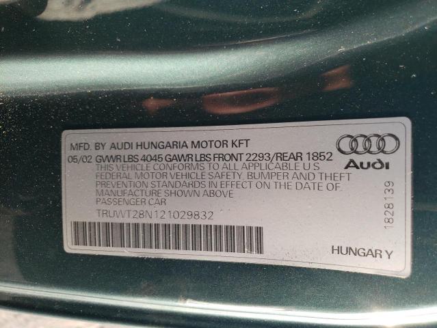 TRUWT28N121029832 - 2002 AUDI TT QUATTRO GREEN photo 12