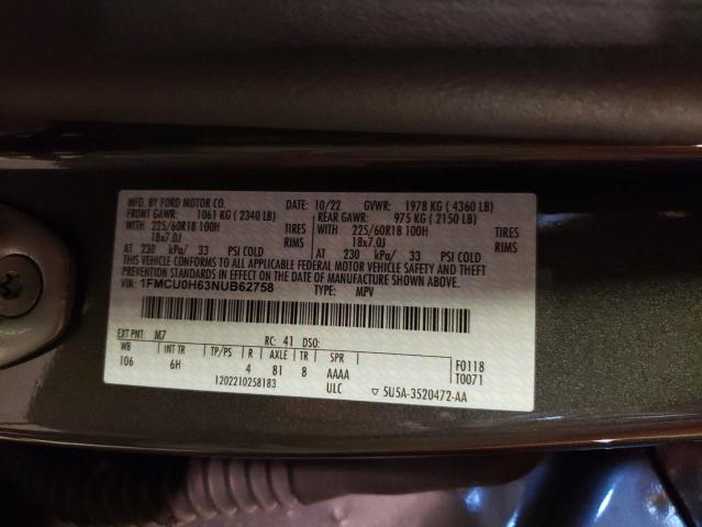 1FMCU0H63NUB62758 - 2022 FORD ESCAPE SEL GRAY photo 12