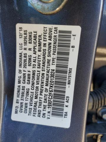 19XFC2F67KE013024 - 2019 HONDA CIVIC LX GRAY photo 12