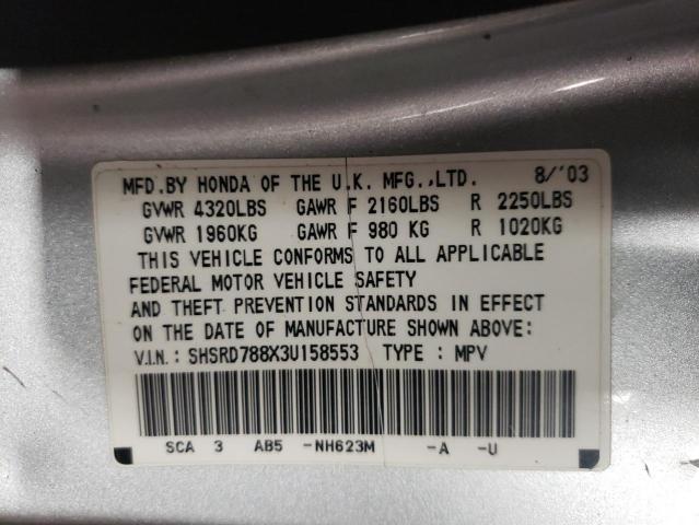 SHSRD788X3U158553 - 2003 HONDA CR-V EX SILVER photo 12