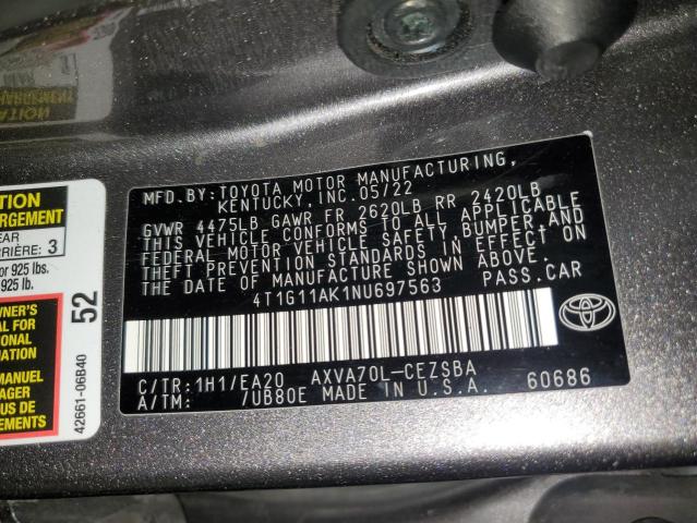 4T1G11AK1NU697563 - 2022 TOYOTA CAMRY SE GRAY photo 12