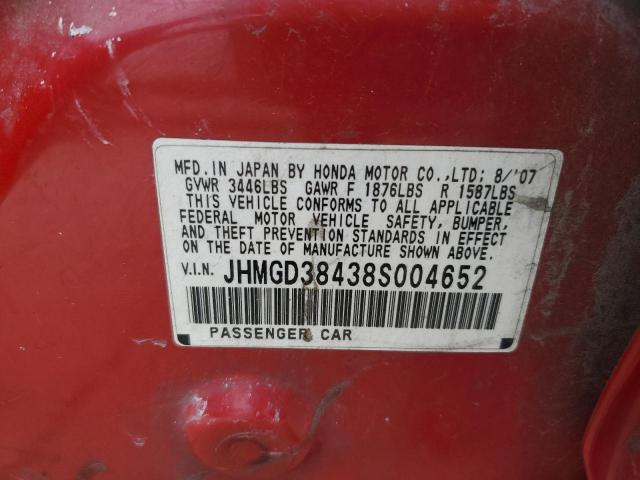 JHMGD38438S004652 - 2008 HONDA FIT RED photo 12