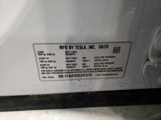 5YJSA1E22LF413176 - 2020 TESLA MODEL S თეთრი ფოტო 12