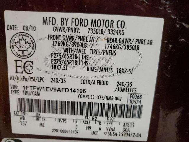 1FTFW1EV9AFD14196 - 2010 FORD F150 SUPERCREW BURGUNDY photo 12