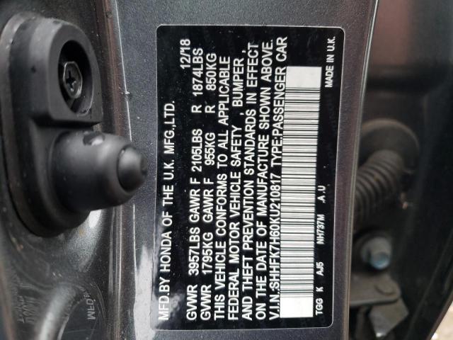 SHHFK7H60KU210817 - 2019 HONDA CIVIC EX GRAY photo 12