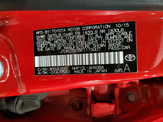 JTDKDTB35F1115007 - 2015 TOYOTA PRIUS C RED photo 12