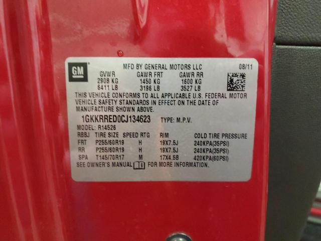 1GKKRRED0CJ134623 - 2012 GMC ACADIA SLT-1 Қызыл фото 13