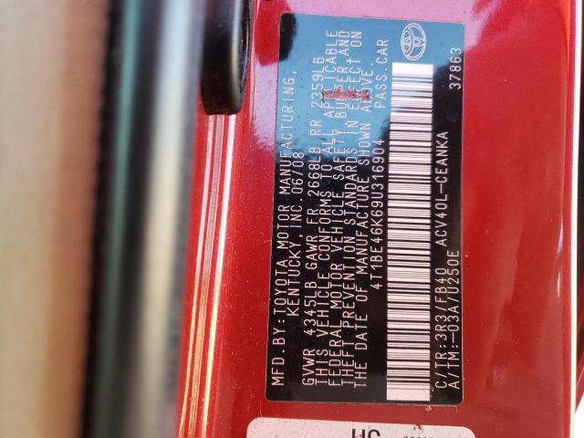 4T1BE46K69U316904 - 2009 TOYOTA CAMRY BASE RED photo 12