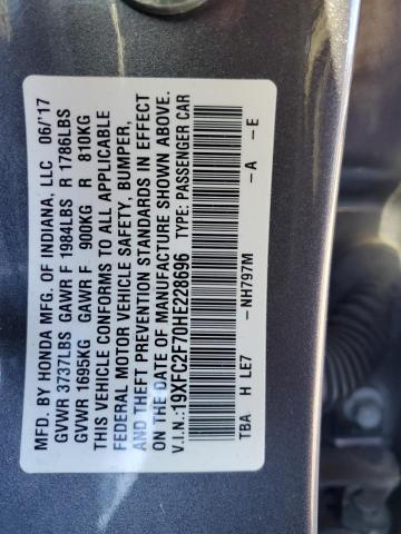 19XFC2F70HE228696 - 2017 HONDA CIVIC EX GRAY photo 12