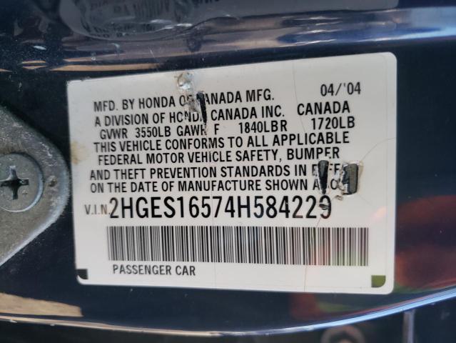 2HGES16574H584229 - 2004 HONDA CIVIC LX BLUE photo 10