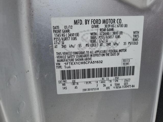 1FTEX1CM5CFA51632 - 2012 FORD F150 SUPER CAB SILVER photo 12