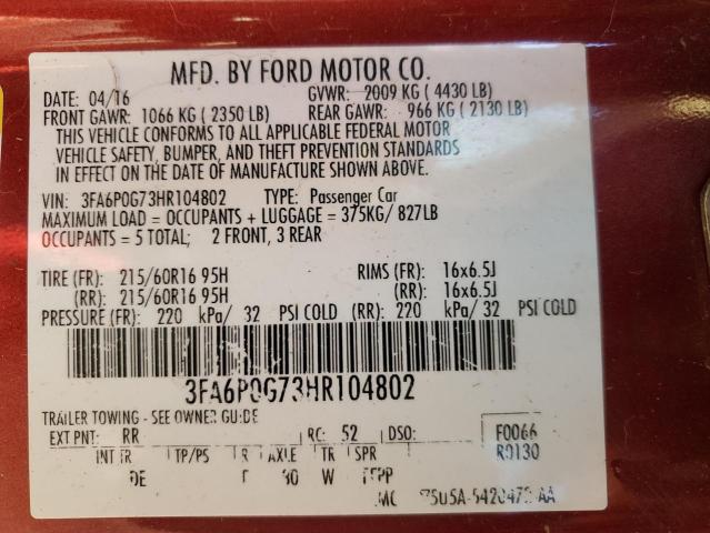 3FA6P0G73HR104802 - 2017 FORD FUSION S RED photo 12