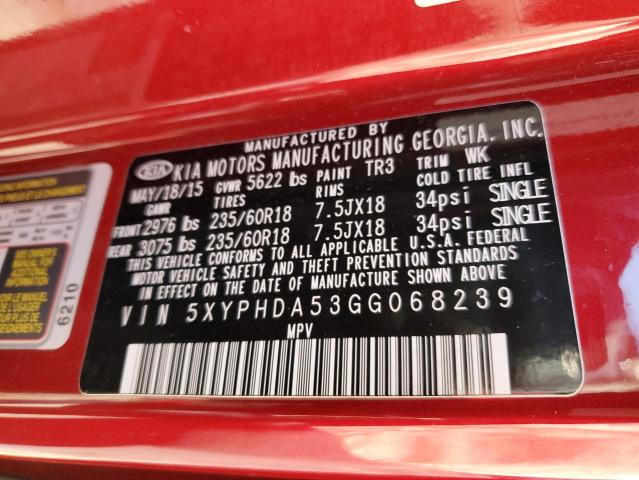 5XYPHDA53GG068239 - 2016 KIA SORENTO EX RED photo 13