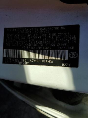 4T1BE46K67U515657 - 2007 TOYOTA CAMRY CE WHITE photo 12