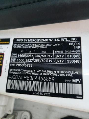 4JGDA5HB3FA466859 - 2015 MERCEDES-BENZ ML 350 4MATIC WHITE photo 13