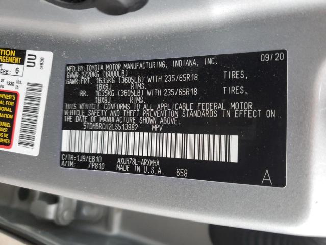 5TDHBRCH2LS513982 - 2020 TOYOTA HIGHLANDER HYBRID XLE SILVER photo 12