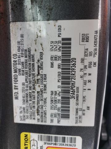 3FA6P0H72ER393620 - 2014 FORD FUSION SE GRAY photo 12