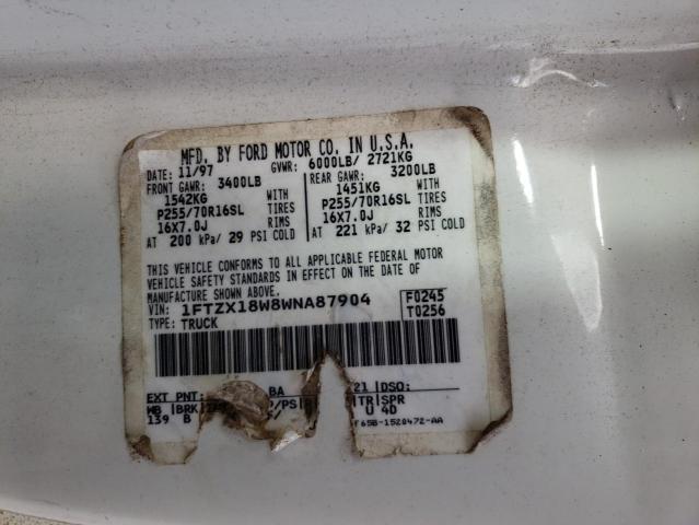 1FTZX18W8WNA87904 - 1998 FORD F150 WHITE photo 12