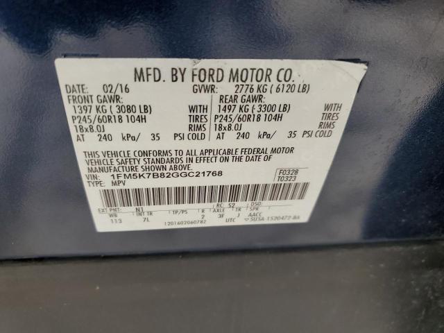 1FM5K7B82GGC21768 - 2016 FORD EXPLORER BLUE photo 12