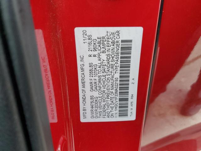 1HGCV1F33MA022193 - 2021 HONDA ACCORD SPORT RED photo 12