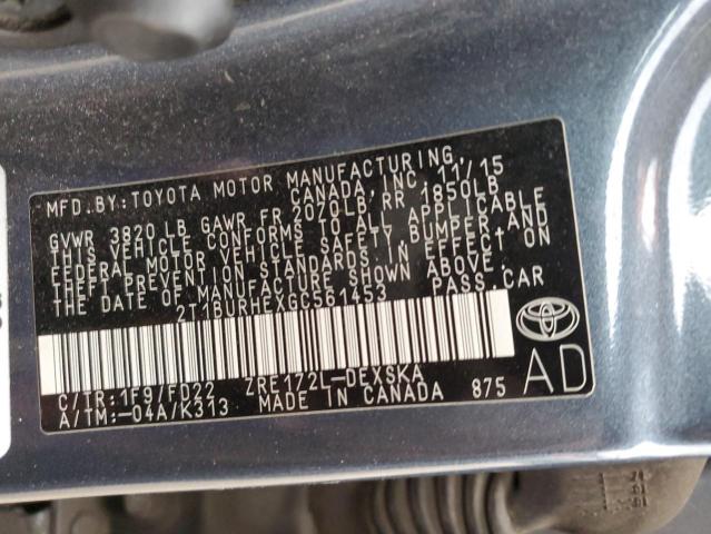 2T1BURHEXGC561453 - 2016 TOYOTA COROLLA L CHARCOAL photo 12