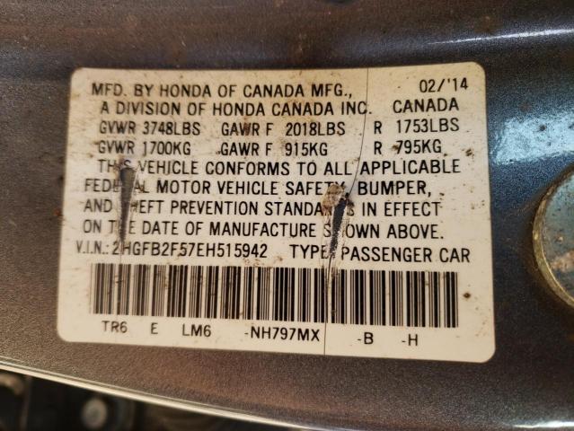 2HGFB2F57EH515942 - 2014 HONDA CIVIC LX GRAY photo 13