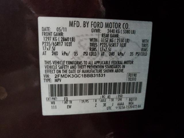 2FMDK3GC1BBB31531 - 2011 FORD EDGE SE MAROON photo 12