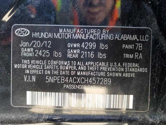 5NPEB4ACXCH457289 - 2012 HYUNDAI SONATA GLS BLACK photo 12