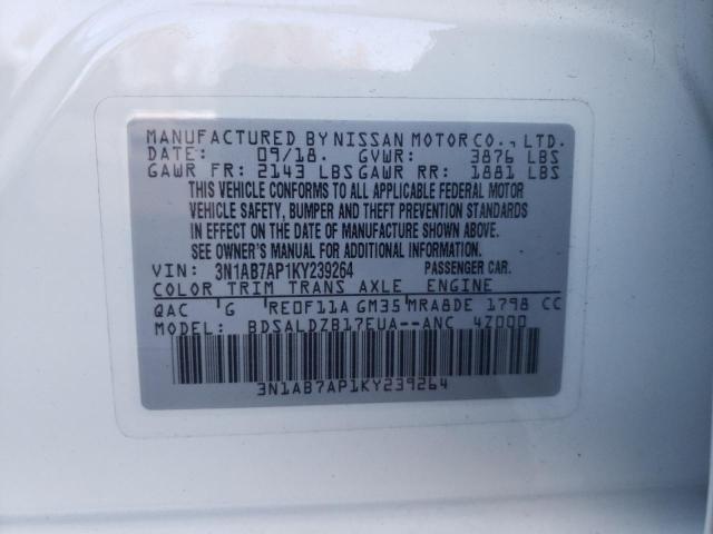 3N1AB7AP1KY239264 - 2019 NISSAN SENTRA S WHITE photo 12