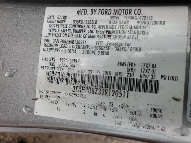 3FAHP08Z39R120511 - 2009 FORD FUSION SEL SILVER photo 10