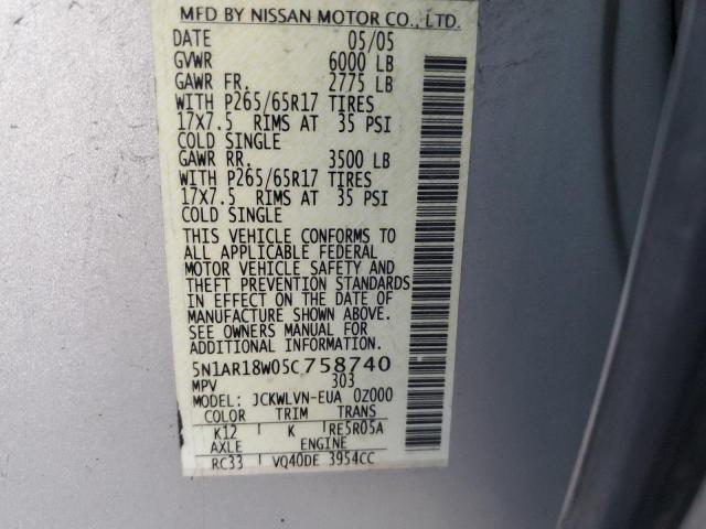 5N1AR18W05C758740 - 2005 NISSAN PATHFINDER LE 银色 照片 13