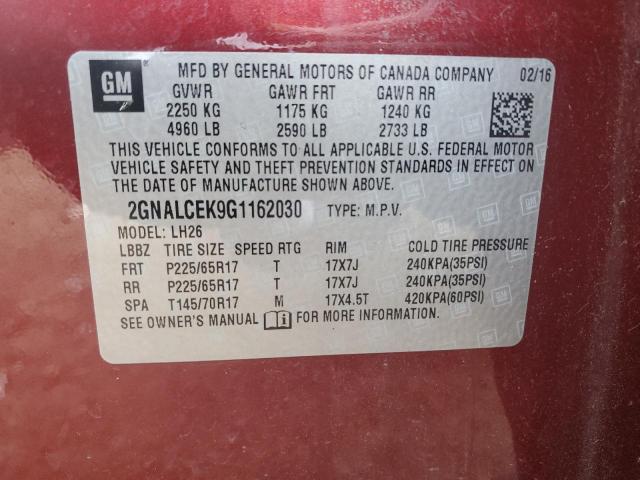 2GNALCEK9G1162030 - 2016 CHEVROLET EQUINOX LT BURGUNDY photo 14