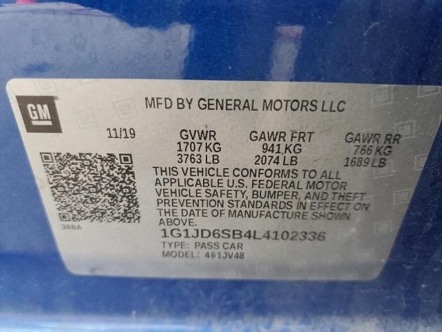 1G1JD6SB4L4102336 - 2020 CHEVROLET SONIC LT BLUE photo 12