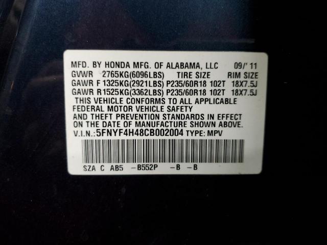 5FNYF4H48CB002004 - 2012 HONDA PILOT EX BLUE photo 12