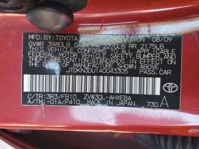 JTDKN3DU1A0043305 - 2010 TOYOTA PRIUS RED photo 13