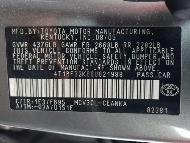 4T1BF32K66U621988 - 2006 TOYOTA CAMRY LE GRAY photo 12