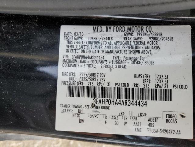 3FAHP0HA4AR344434 - 2010 FORD FUSION SE BLACK photo 12