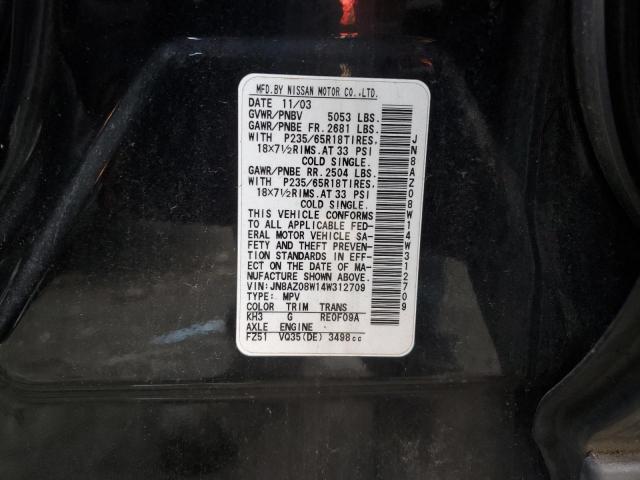 JN8AZ08W14W312709 - 2004 NISSAN MURANO SL BLACK photo 13