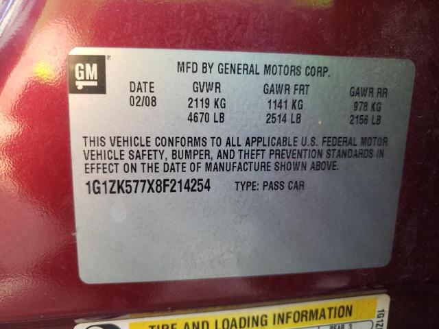 1G1ZK577X8F214254 - 2008 CHEVROLET MALIBU LTZ ბურგუნდია ფოტო 12