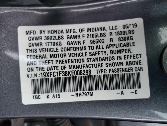 19XFC1F38KE008298 - 2019 HONDA CIVIC EX GRAY photo 12