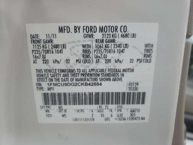 1FMCU9DG2CKB42884 - 2012 FORD ESCAPE XLT WHITE photo 13