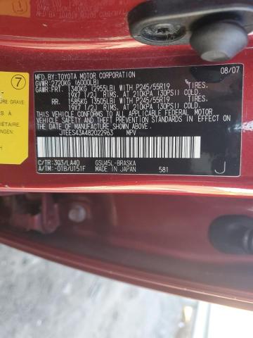 JTEES43A482022963 - 2008 TOYOTA HIGHLANDER SPORT RED photo 13